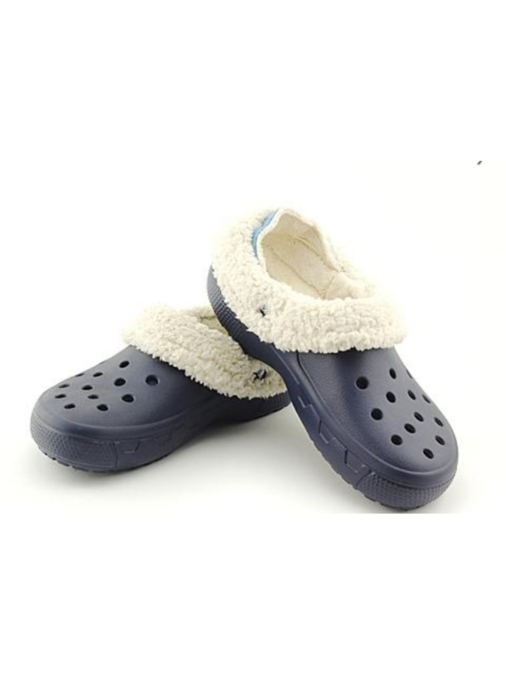 Crocs Classic Mammoth Luxe Clogs in Navy Blue with White Faux Fur Lining Size 7